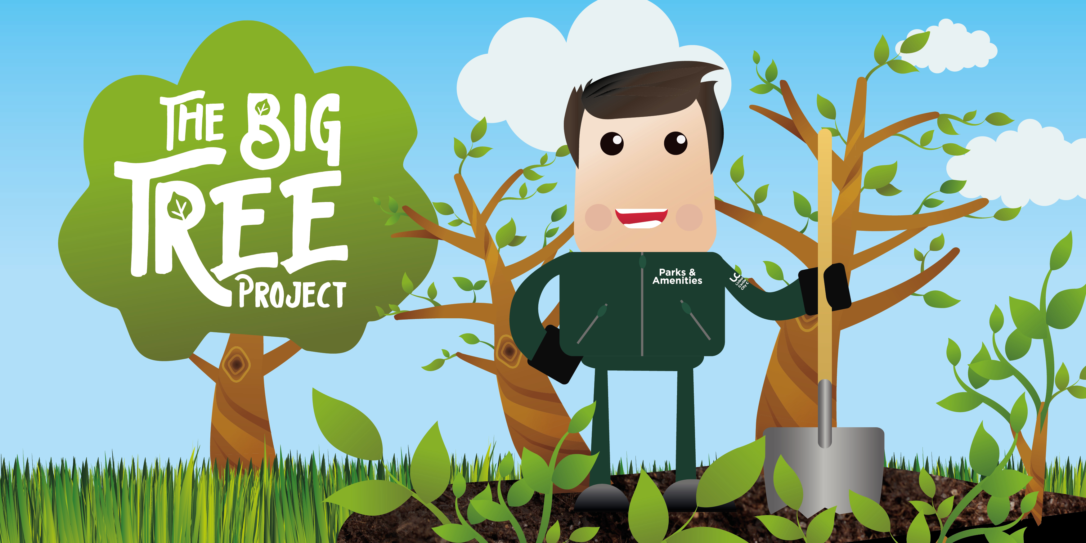 A cartoon style graphic of a gardener in a park with a tree behind him which has The BIG Tree Project overlaid on it 