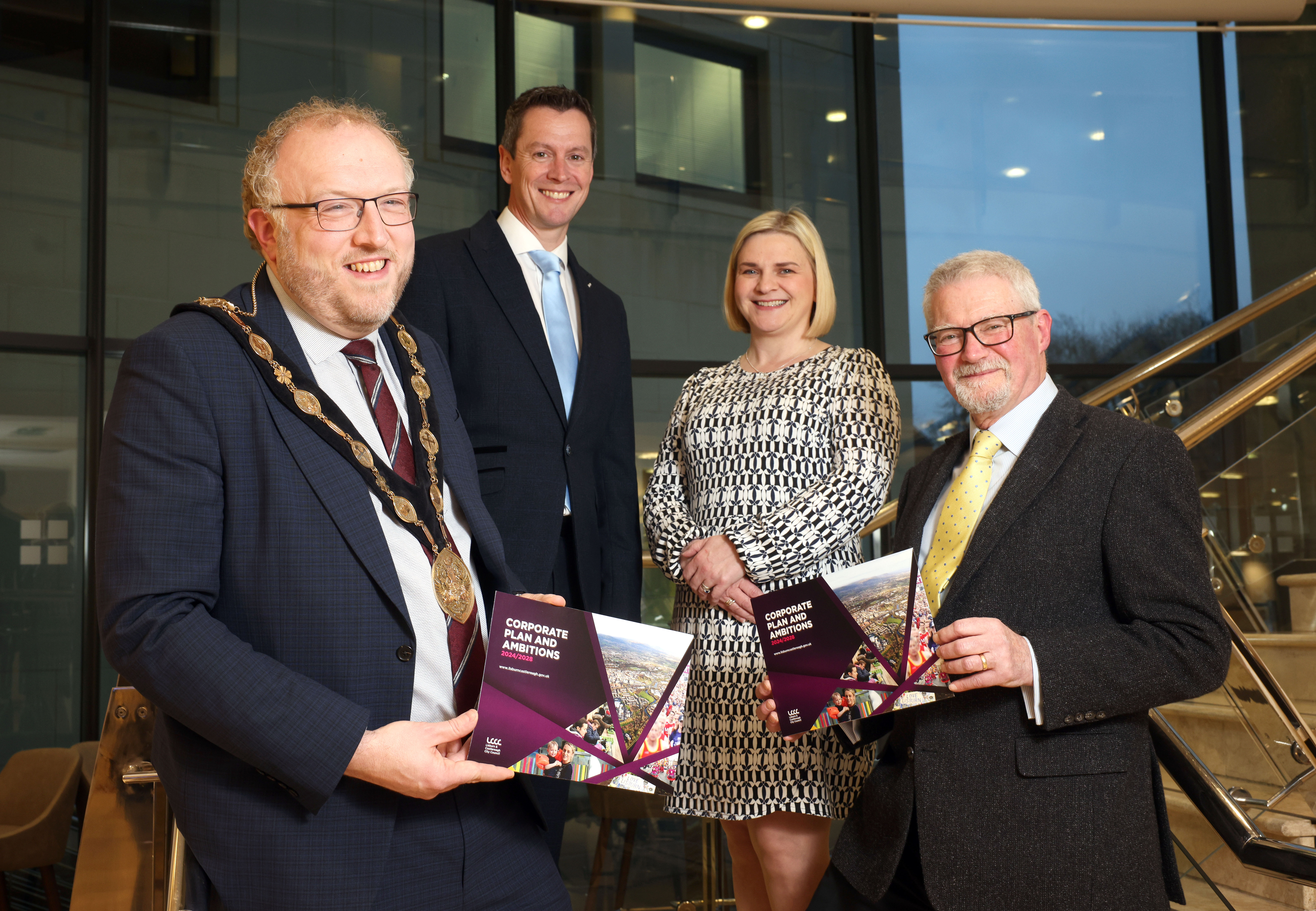 Pictured holding copies of the new Lisburn & Castlereagh City Council Corporate Plan are Mayor Councillor Andrew Gowan; Chief Executive David Burns; Director of Organisational Development and Innovation, Caroline Moore; and Chair of LCCC’s Corporate Services Committee, Alderman Owen Gawith.