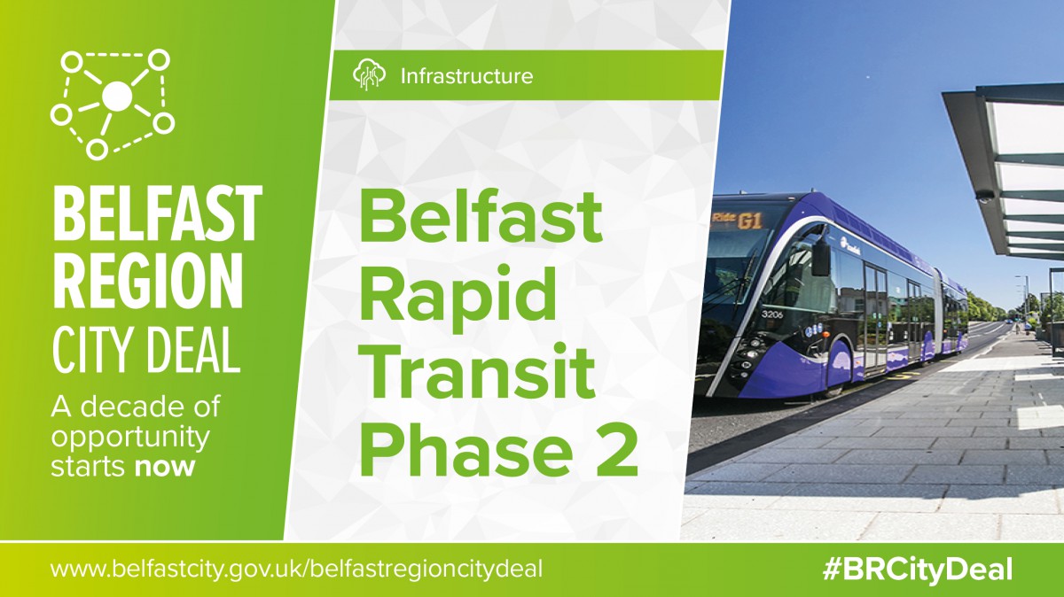 Image of a glider bus with the words Belfast Rapid transit Phase 2
