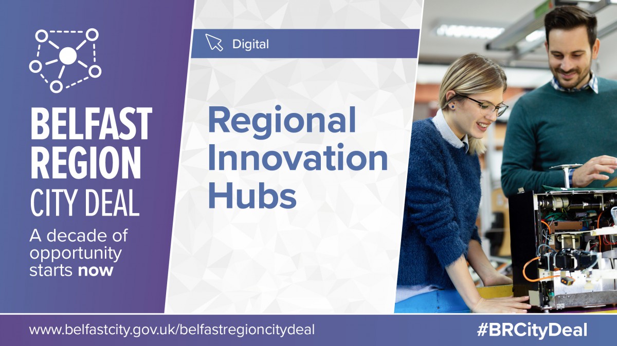 Image of a lady and a man in an engineering setting and the words regional innovation hubs