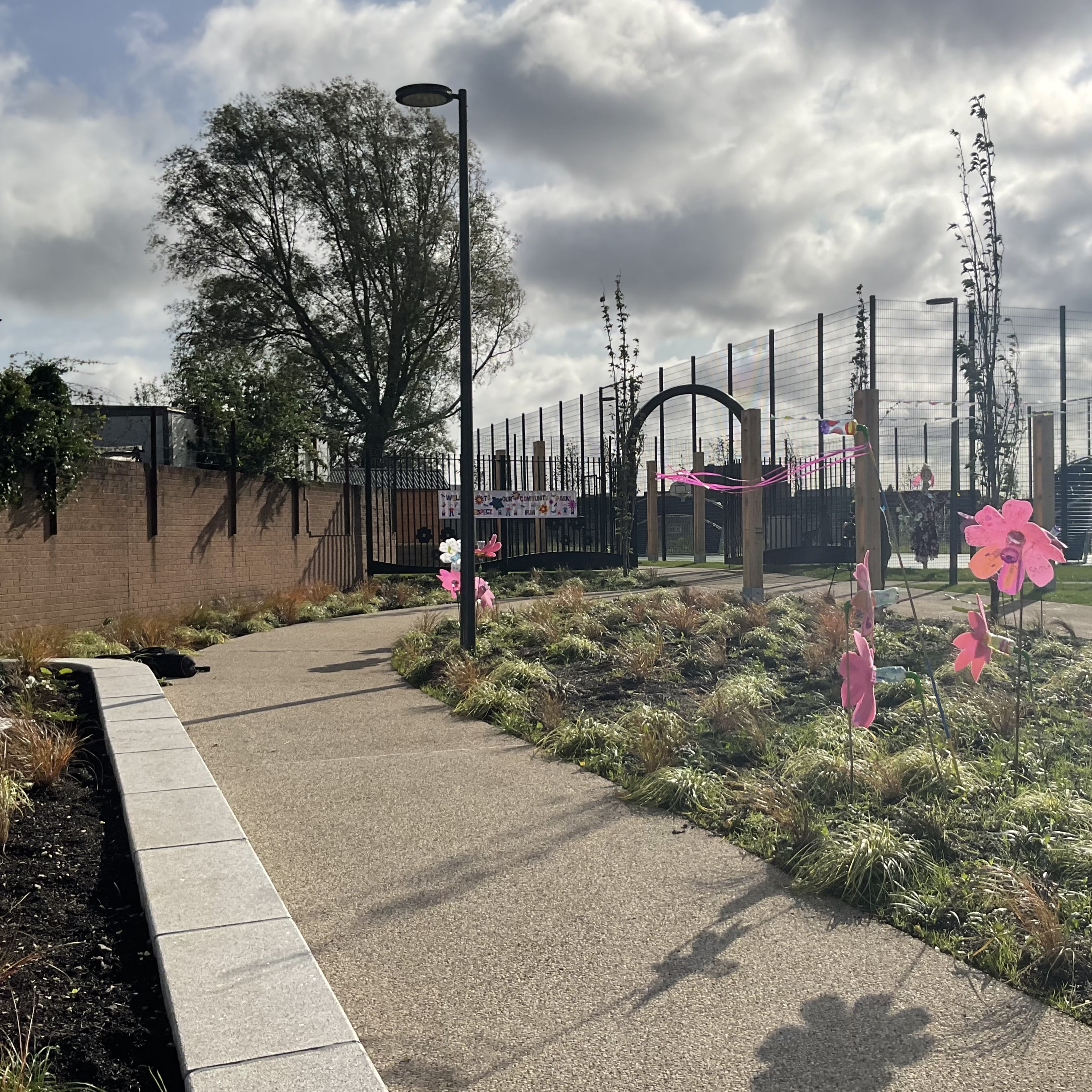 Image illustrating asphalt pathway with hedge and ornamental planting