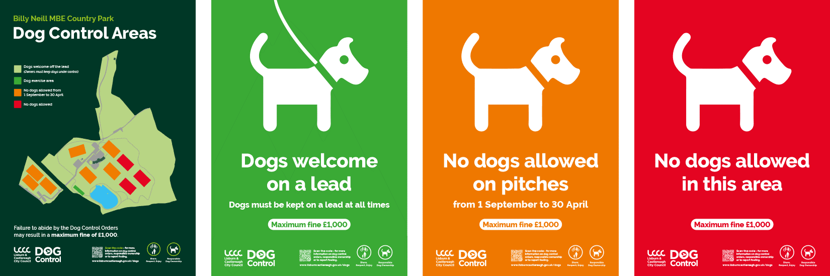 This image shows four types of signs that are in our open spaces.  One is a map of the park you are in and what areas you can exercise your dog and whether or not it must be kept on a lead. The other signs contain a dog and are colour coded: green for dogs welcome on a lead; amber for no dogs allowed on pitches and red no dogs allowed in this area